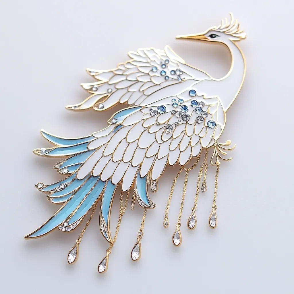 An exquisite jeweled bird, possibly a crane, is depicted.  Its body is predominantly white enamel with gold detailing, while its wings are accented with light blue enamel.  Numerous small, clear crystals are meticulously placed throughout the design, adding sparkle.  Delicate gold chains with teardrop-shaped crystals dangle from the bird's lower body, enhancing its elegance. The overall style suggests intricate craftsmanship and a luxurious aesthetic.