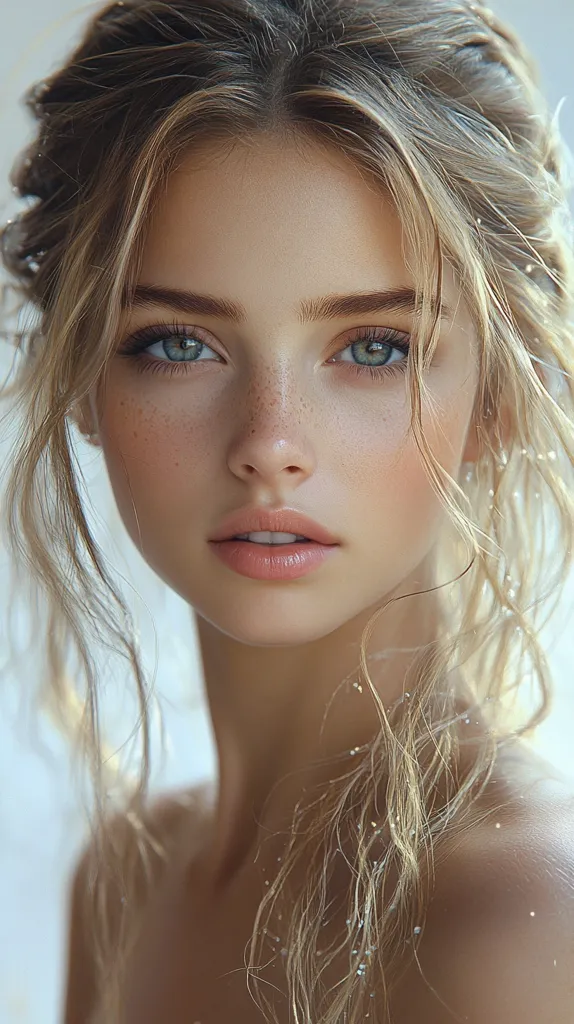 Here's a description of the image:

The image is a close-up portrait of a young woman with long, light blonde hair styled in a loose, slightly messy updo.  Her hair frames her face, which features delicate freckles, light peachy blush, and subtle makeup emphasizing her clear, light-colored eyes.  She has a soft, almost ethereal expression, and her lips are painted a pale, nude pink. The overall aesthetic is soft, natural, and slightly romantic. The background is blurred and out of focus, drawing attention to the subject.
