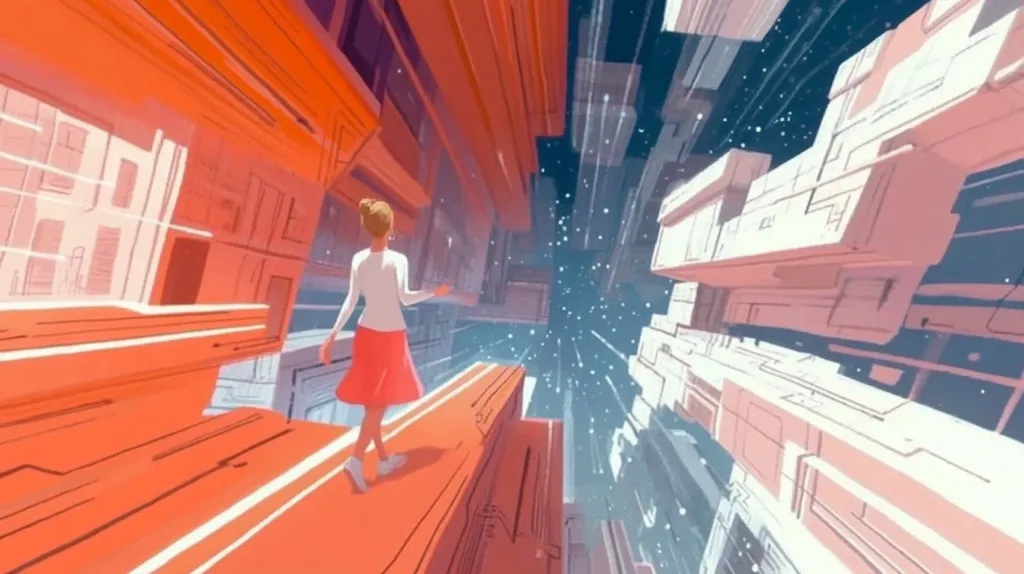 A stylized illustration depicts a woman with shoulder-length blonde hair, wearing a white long-sleeved shirt and a coral-colored skirt, walking along a narrow, elevated pathway. The pathway extends into a futuristic, abstract cityscape of coral and off-white buildings that twist and turn, creating a dizzying perspective. The background reveals a starry expanse, suggesting a vast, open space beyond the city. The overall style is minimalist and dreamlike, with clean lines and a muted color palette.