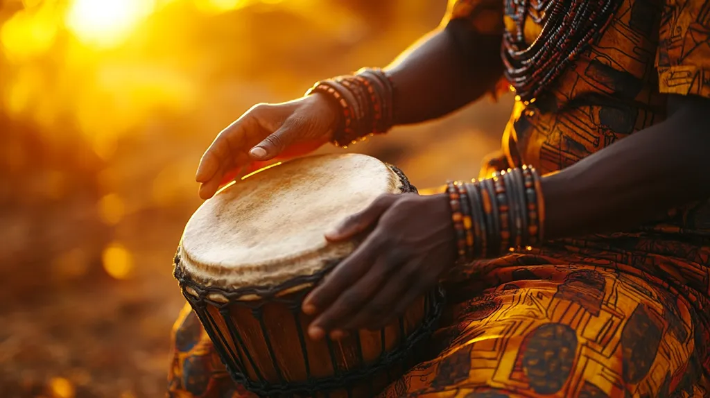 Close-up view of a person's hands playing a djembe drum.  The individual is adorned with numerous bracelets and a patterned, orange garment. The setting appears to be outdoors, bathed in the warm, golden light of either sunrise or sunset. The focus is sharply on the hands and the drum, creating a powerful image of rhythmic tradition and cultural heritage. The warm tones evoke a sense of peace and connection to nature.