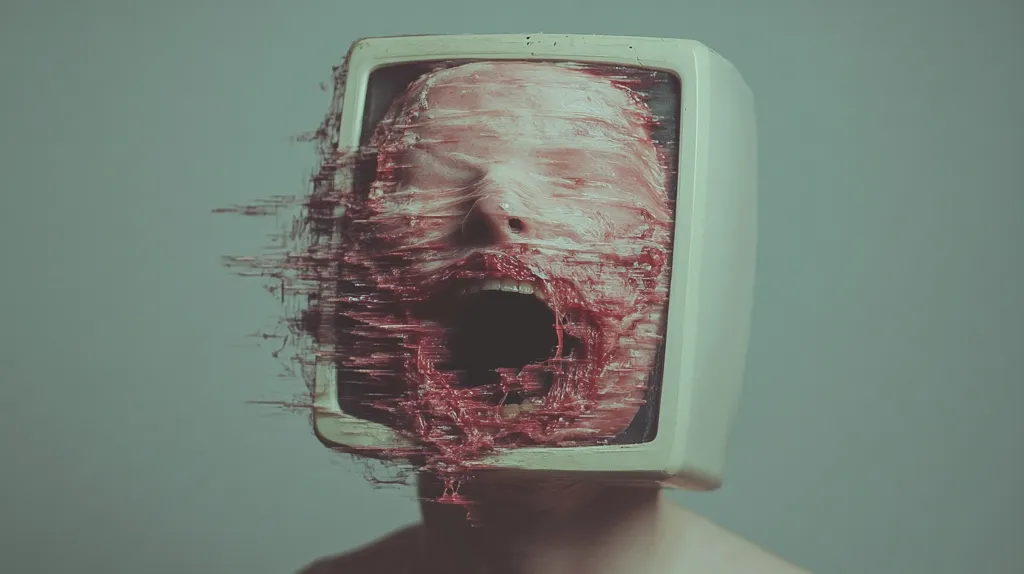 The image shows a surreal and disturbing scene. A person's head is encased within an old-fashioned television screen. The face is distorted and covered in a viscous, red substance that appears to be melting or dripping. The overall effect is one of horror and unease, possibly suggesting the overwhelming power of media or technology, or the erosion of identity in the digital age.  The muted color palette adds to the unsettling atmosphere.