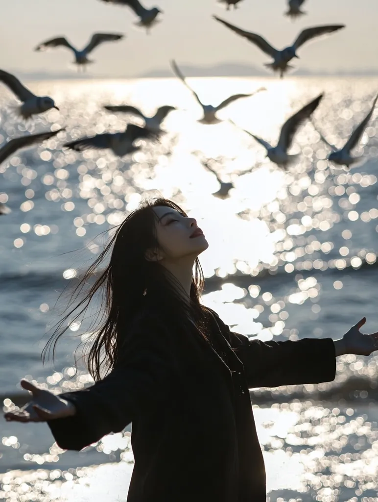 Here's a description of the image:

A young woman with long dark hair stands on a beach, arms outstretched, eyes closed, and head tilted back.  She's silhouetted against a shimmering, sun-dappled sea. Numerous seagulls fly around her, creating a dynamic and peaceful atmosphere. The woman's dark clothing contrasts with the bright water and the light-colored birds. The overall mood is serene and evocative of freedom and connection with nature.