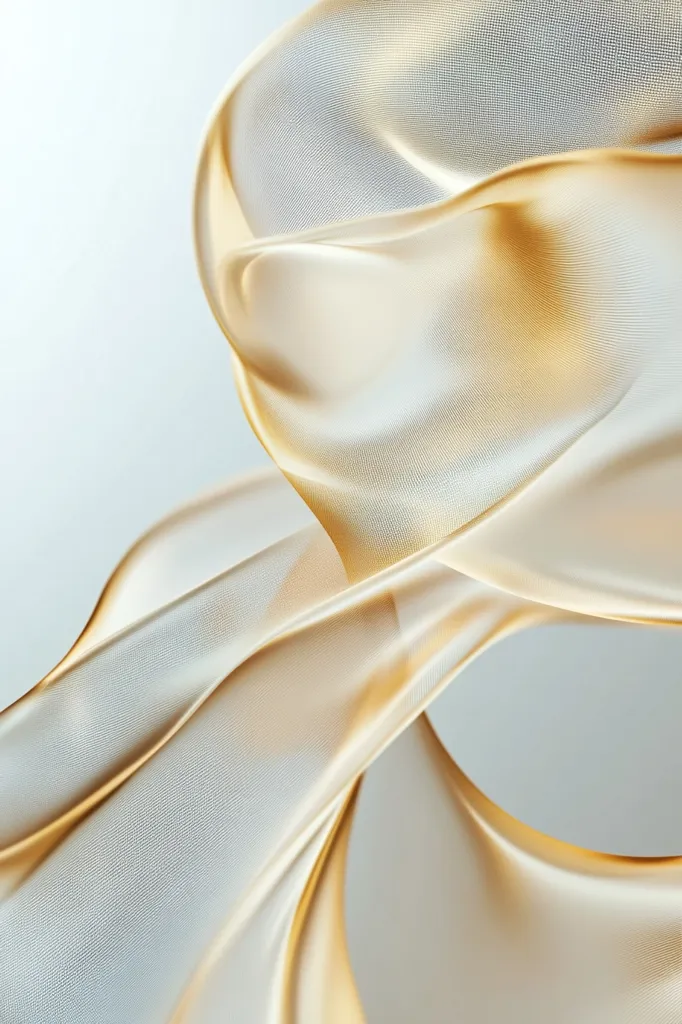 The image showcases a flowing, translucent fabric, possibly silk or chiffon, in shades of champagne gold and off-white.  The material is draped and twisted in a dynamic, almost circular motion, creating soft, elegant curves and folds. The texture appears subtly woven, and the lighting highlights the delicate sheen and transparency of the fabric, lending a luxurious and ethereal feel to the composition. The background is a muted, light gray, allowing the fabric to be the focal point.