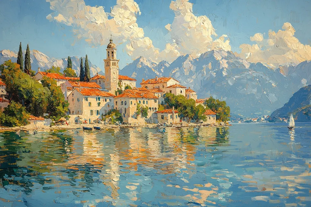 A vibrant oil painting captures a picturesque lakeside village nestled against a majestic mountain range.  The buildings, primarily terracotta-roofed, cluster along the shore, with a prominent bell tower standing tall. Lush green trees and shrubs add to the scene's beauty.  The calm water reflects the buildings and sky, punctuated by a single sailboat in the distance.  The sky above is a clear blue, dotted with fluffy white clouds, contributing to a sun-drenched, idyllic atmosphere. The artist's impasto technique gives the painting a rich texture.