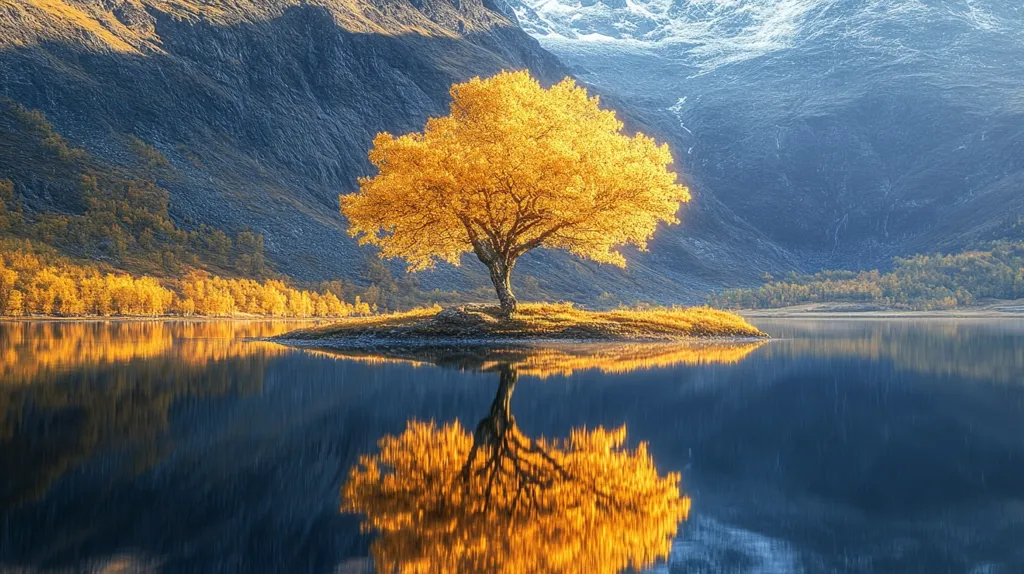 A solitary, vibrant golden tree stands on a small island in a serene lake.  Its reflection is perfectly mirrored in the still water, creating a breathtaking symmetrical scene.  The backdrop features majestic, dark mountains with hints of snow, and the surrounding shoreline is edged with autumnal trees, their colors a warm contrast to the deep blue of the lake. The image evokes a sense of peace and tranquility in a stunning natural landscape.