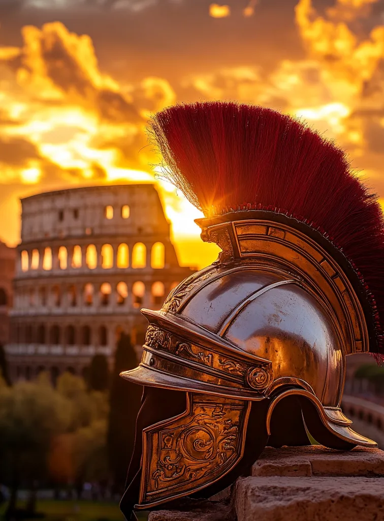 A Roman legionary helmet, complete with a vibrant red plume, rests against a stone wall.  The Colosseum stands majestically in the blurred background, bathed in the warm, golden light of a spectacular sunset.  The scene evokes a sense of history, power, and the enduring legacy of the Roman Empire. The sun's rays subtly illuminate the helmet's details, creating a dramatic and evocative image.