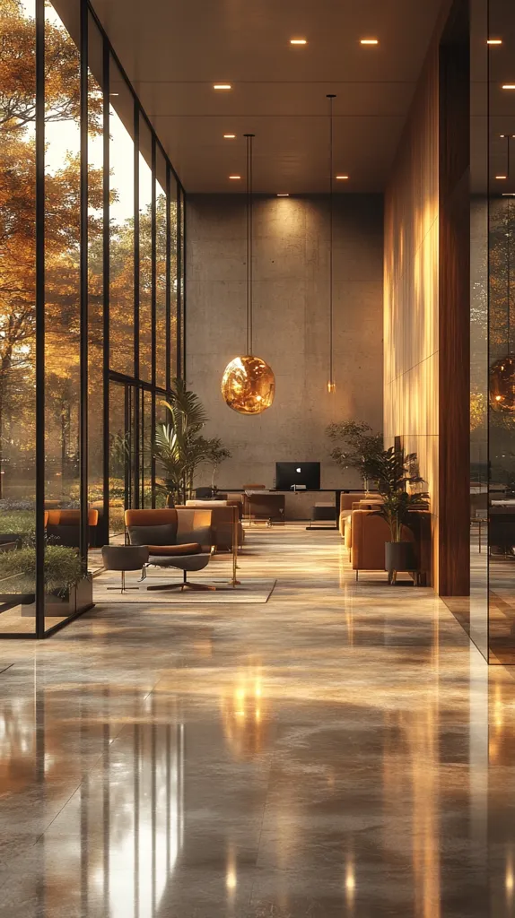 A modern, minimalist lobby is bathed in warm, golden light. Large windows showcase an autumnal landscape.  The polished floor reflects the light and the surrounding architecture.  Neutral tones dominate, with sleek seating arranged around a central space.  A large, spherical pendant light hangs from the high ceiling, complementing the overall sophisticated and serene atmosphere.  The space feels spacious and inviting.