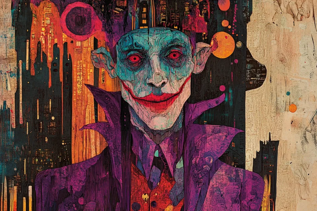 The artwork depicts a stylized Joker, his face a disturbing blend of teal and crimson, marked by a wide, unsettling grin. His pointed ears and sharp features enhance his sinister appearance. He's dressed in a purple-hued suit, reminiscent of his classic attire. The background is a vibrant, chaotic cityscape, a mix of dark and orange tones, rendered in a textured, almost distressed style. The overall effect is a blend of comic book aesthetics and expressionistic painting, creating a darkly compelling image.  Abstract shapes and color splashes add to the piece's surreal and unsettling quality.