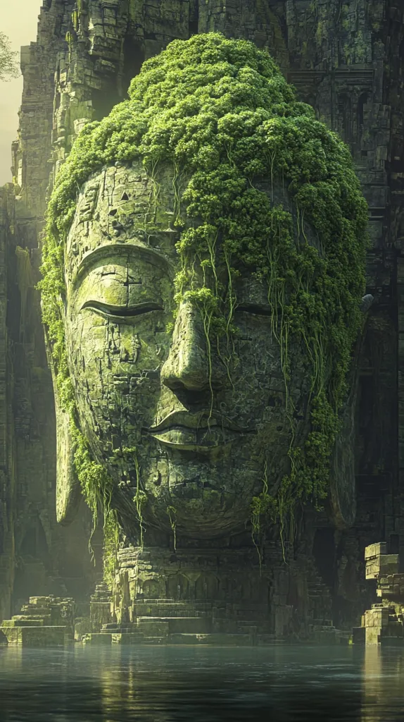 Here's a description of the image:

The image depicts a colossal, weathered stone Buddha head, half-submerged in tranquil, dark water.  Thick, verdant vines and foliage completely cover the upper portion of the head and cascade down its sides, suggesting years of undisturbed growth. The Buddha's face, though eroded by time, retains serene features. The background reveals the remnants of an ancient, moss-covered stone structure, hinting at a forgotten temple or civilization reclaimed by nature.  The overall atmosphere is one of mystery, tranquility, and the passage of time.