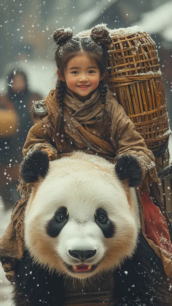 A charming young girl, her hair styled in two top buns, sits atop a giant panda.  She's dressed in rustic, earth-toned clothing and carries a woven basket on her back.  Snow gently falls around them, creating a picturesque winter scene. The girl's joyful expression and the panda's amiable demeanor evoke a sense of warmth and wonder. The image's overall aesthetic is serene and whimsical, possibly hinting at a fantastical or folktale setting.