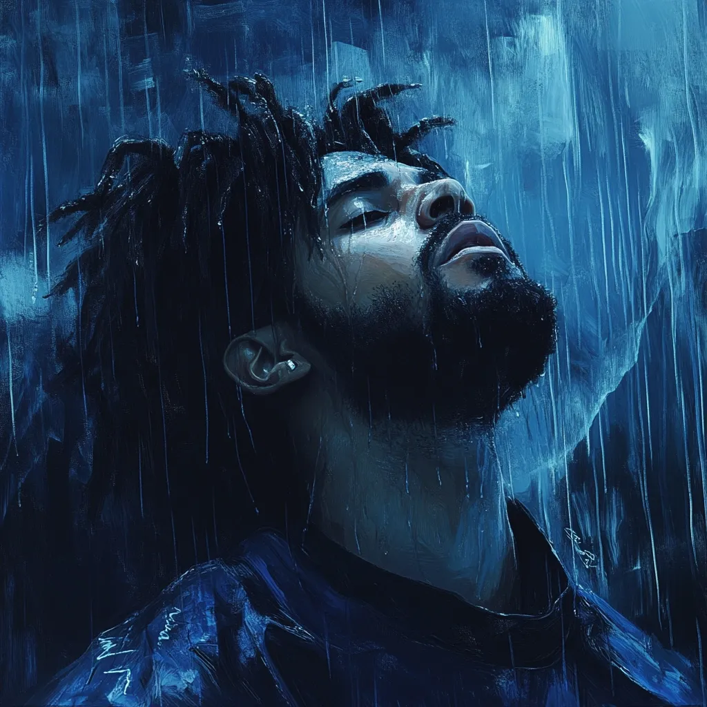 Here's a description of the image:

The artwork is a stylized portrait of a man, possibly J. Cole, rendered in a dark, moody palette of blues and blacks.  He has dark skin and locs, and his head is tilted back, eyes closed, as if surrendering to a heavy rain depicted by vertical streaks of paint.  The rain forms a dramatic backdrop, creating a somber and contemplative atmosphere. The painting style is impressionistic, with visible brushstrokes contributing to the texture and emotional weight of the piece. The overall effect is one of melancholy and introspection.