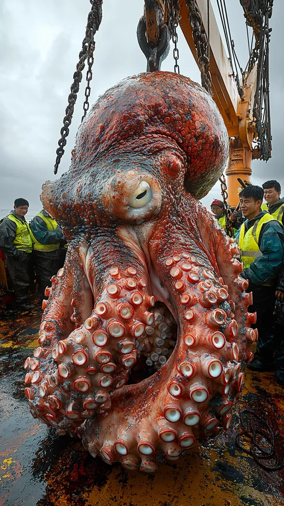 A colossal octopus, reddish-brown and glistening, hangs suspended from a crane on a ship's deck. Its massive body and numerous suckers are clearly visible.  Several crew members in yellow safety vests observe the creature. The background is a cloudy sky, providing a stark contrast to the octopus's vibrant color. The scene is both awe-inspiring and slightly unsettling, highlighting the immense size and power of this deep-sea creature.