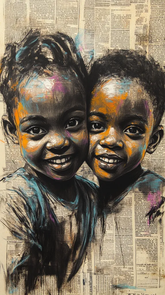 Here's a description of the image:

The artwork depicts two young children, likely siblings, with dark skin and expressive eyes. They are positioned closely together, shoulders touching, their faces dominating the composition. The children have joyful, slightly mischievous expressions, marked by wide, bright smiles. Their hair is depicted with dark, expressive brushstrokes.  The painting is layered over a textured background resembling aged newspaper print, which adds a sense of history and context. Bold strokes of color, especially teal, orange, and purple, accentuate features and add vibrancy to the otherwise dark tones of the portraits. The overall style is expressive and textured, capturing a raw, emotional moment of youthful intimacy.
