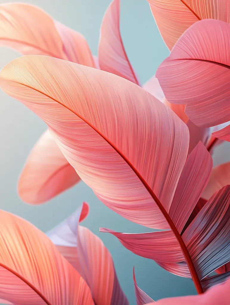 Here's a description of the image:

The image is a close-up shot of several large, delicate leaves, appearing almost feather-like in texture.  The leaves are a soft, pastel pink, with varying shades creating a subtle depth.  The veins within each leaf are clearly visible, adding to the intricate detail. The background is a muted, light teal, providing a soft contrast to the vibrant pink foliage. The lighting suggests a gentle, possibly sunlit ambiance.  The overall effect is one of serenity and natural beauty.
