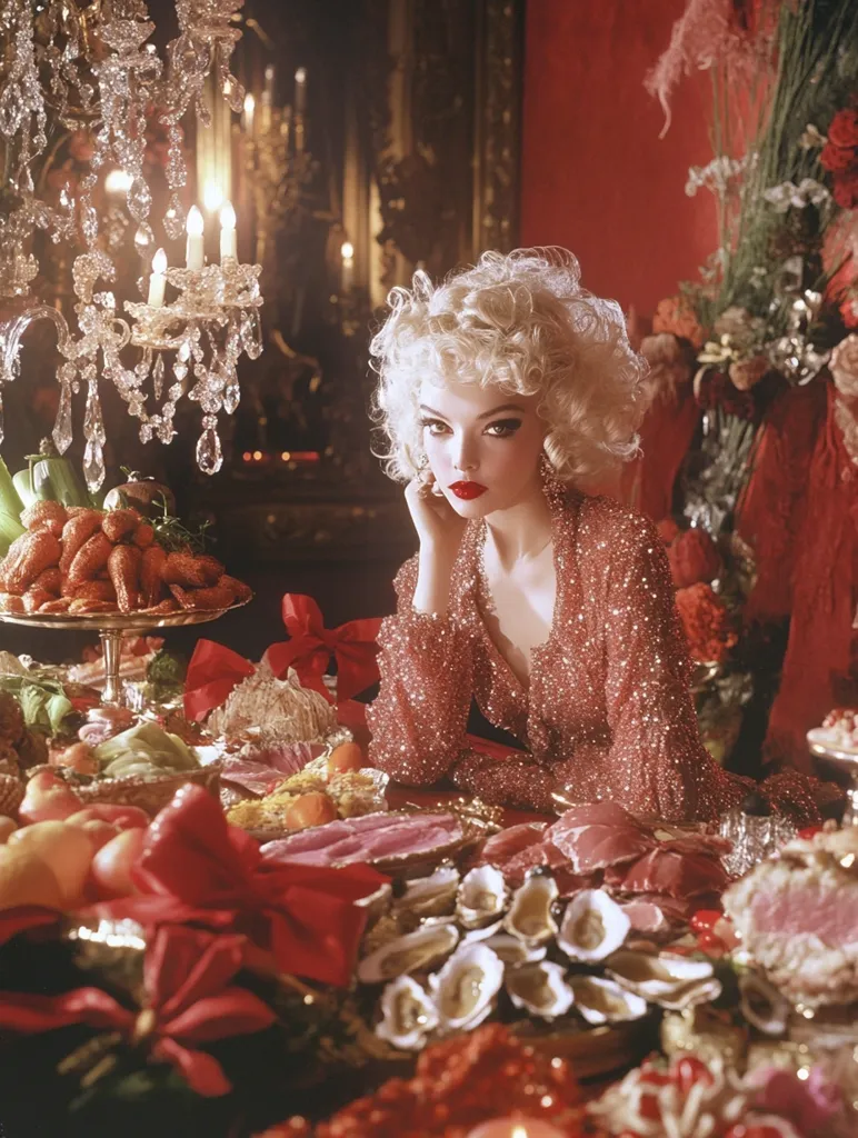 A glamorous blonde woman in a sparkling rose-gold dress sits at a lavishly decorated table overflowing with food.  The setting is opulent, with a crystal chandelier overhead and rich red tones throughout the room.  The table is laden with platters of seafood, including oysters and what appears to be lobster, along with various meats and fruits, all arranged amidst festive red floral decorations.  The overall mood is one of luxurious excess and festive celebration.