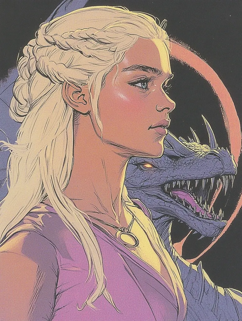 Here's a description of the image:

The illustration features a stylized portrait of Daenerys Targaryen, the Mother of Dragons, from a profile view.  Her long, platinum blonde hair is intricately braided, and she wears a simple, sleeveless lilac dress with a circular gold pendant necklace.  Her expression is serene yet pensive.  Partially visible behind her is a large, dark gray dragon, its head and part of its body in sharp focus, showing menacing teeth.  The background is a muted dark tone with a subtle, reddish-orange halo behind Daenerys. The art style is reminiscent of comic book illustration, using line work and shading to create depth and texture.