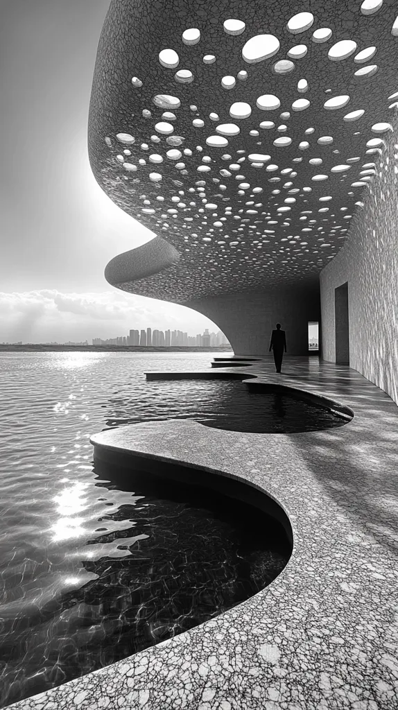 Here's a description of the image:

A black and white photograph showcases a strikingly modern, minimalist structure. The building's ceiling features a unique design of numerous, irregularly sized holes, allowing sunlight to filter through. The building curves gracefully towards a body of water, reflecting the light. A lone figure, dressed in dark clothing, walks along a pathway near the water's edge. In the distance, a cityscape is faintly visible across the water. The overall impression is one of serene elegance and architectural innovation.