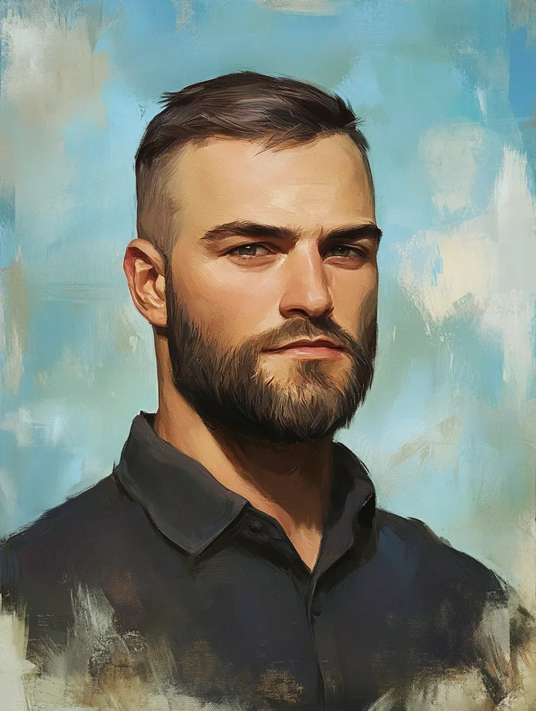 The painting is a stylized portrait of a man with a short, dark brown haircut and a full beard. He has a strong jawline and intense, light-brown eyes.  His expression is serious and contemplative. He's wearing a dark, collared shirt.  The background is a soft, impressionistic style of blue sky with visible brushstrokes. The overall style blends realism with painterly abstraction, emphasizing the subject's features and the texture of his skin and hair.