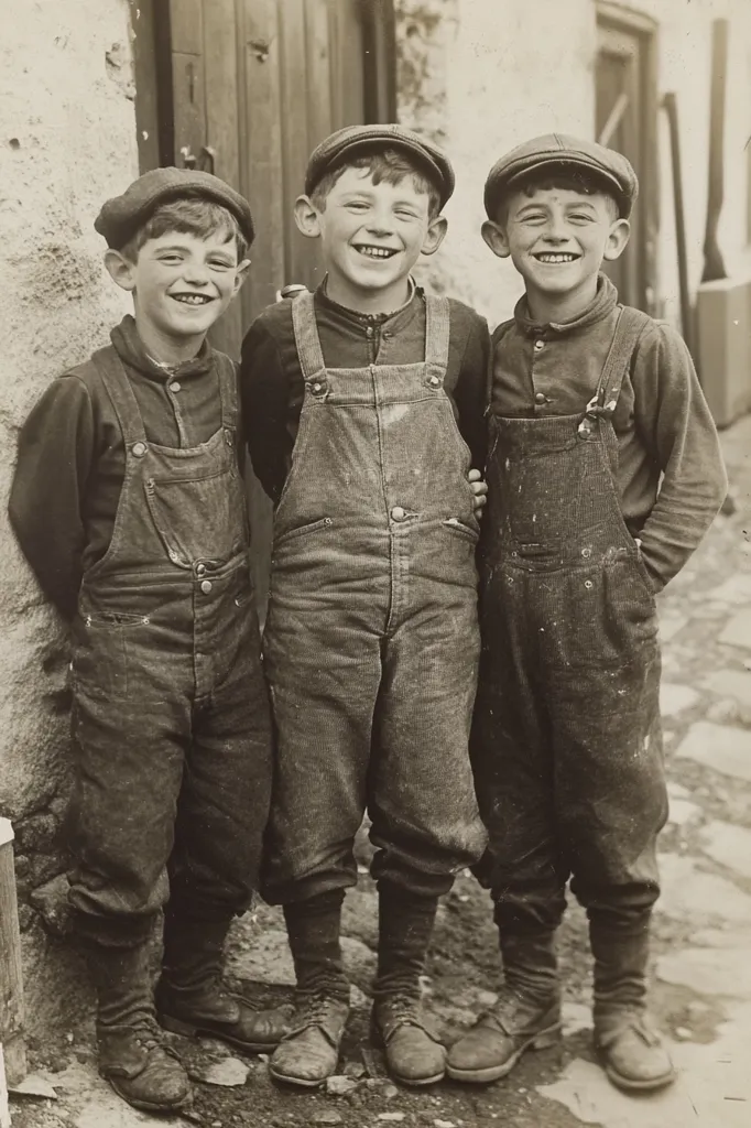 Here's a description of the image:

The sepia-toned photograph shows three young boys, possibly brothers, standing close together. They are dressed identically in newsboy caps and denim overalls, which appear worn and patched.  Their expressions are cheerful, and they appear to be posing for the camera. The setting is outdoors, with a rough stone wall visible behind them, suggesting a rural or working-class environment. The overall impression is one of simple camaraderie and a glimpse into the lives of children from a bygone era.
