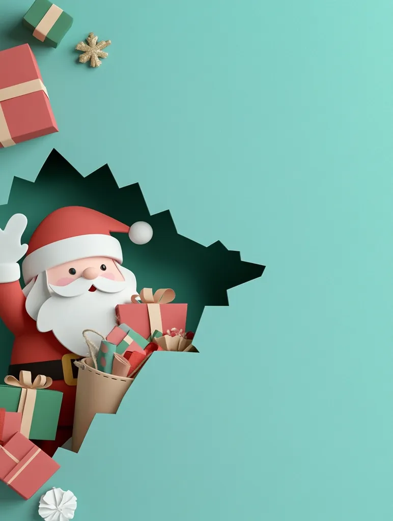A cheerful, cartoon Santa Claus bursts through a teal paper background, overflowing with Christmas presents.  He's depicted in a papercraft style, holding a shopping bag and surrounded by festively wrapped gifts of various sizes and colors.  A few additional gifts are scattered near the top of the image, creating a festive and whimsical Christmas scene.  The background provides ample space for text or additional design elements.