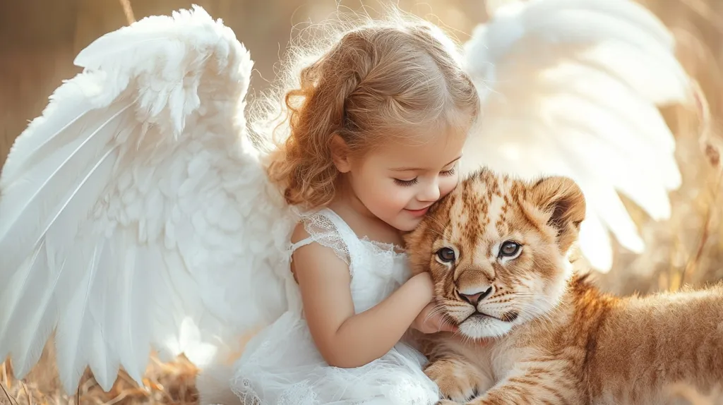 A young girl with curly blonde hair, wearing a white dress and large white angel wings, gently cradles a lion cub.  The girl's face is soft and loving as she holds the cub close.  The scene is bathed in warm, golden light, suggesting an idyllic and magical setting. The contrast between the delicate girl and the powerful cub creates a heartwarming and surreal image.