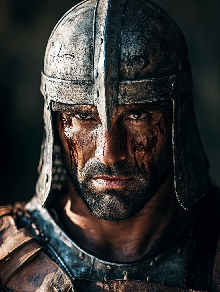 Here's a description of the image:

Close-up view of a warrior's face, heavily weathered and bearing the marks of battle. He wears a worn, metallic helmet with a central crest, partially obscuring his eyes which are intense and serious. Blood streaks his face and neck, adding to the grim atmosphere. His expression is stoic and determined, with a strong jawline and a thick, dark beard.  The warrior's armor is dark and aged, reflecting the harsh conditions he's endured. The overall image conveys a sense of strength, resilience, and the brutality of war.