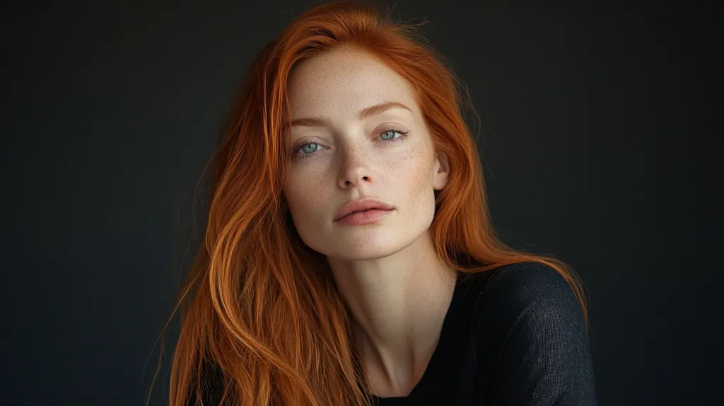 A young woman with striking, long, vibrant ginger hair and fair skin, adorned with freckles, gazes directly at the camera. Her light blue eyes are captivating, and her expression is serene yet intense. She wears a simple, dark-colored top, which contrasts beautifully against her bright hair. The background is a dark, muted shade, drawing all attention to the subject's radiant beauty. The image is sharply focused, showcasing a flawless complexion and detailed hair texture. The overall mood is sophisticated and elegant.