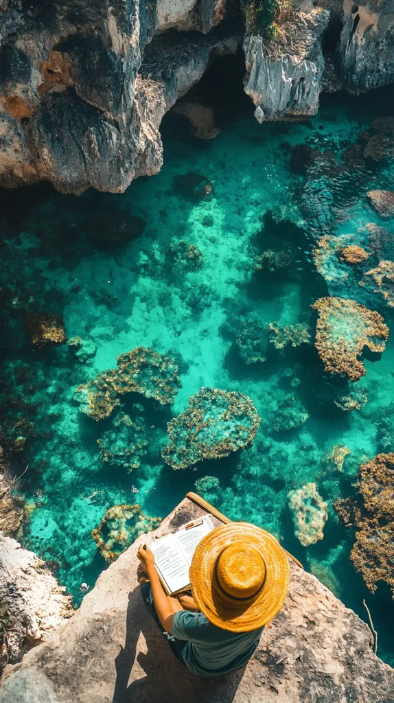Here's a description of the image:

High-angle view of a person sitting on a rock overlooking a vibrant turquoise body of water teeming with coral reefs.  The person is wearing a wide-brimmed straw hat and is seemingly reading or writing in a notebook.  The rocky outcrop they sit on is part of a larger cliff face, which partially overhangs the water.  The water is remarkably clear, allowing for a detailed view of the underwater coral formations. The overall scene evokes a sense of tranquility and natural beauty.