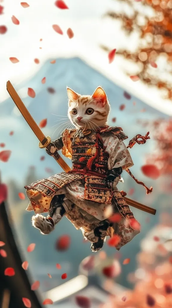 Here is a description of the image:

A playful image depicts a cute kitten dressed as a samurai, mid-leap, wielding a katana.  The kitten is light orange and white, its tiny paws gripping the sword.  The samurai armor is meticulously detailed, miniature and fitting for its size, with a floral pattern visible on the outer layer.  Falling cherry blossoms surround the kitten against a blurred background featuring a mountain, suggesting a Japanese setting. The overall impression is one of whimsy and fantasy.