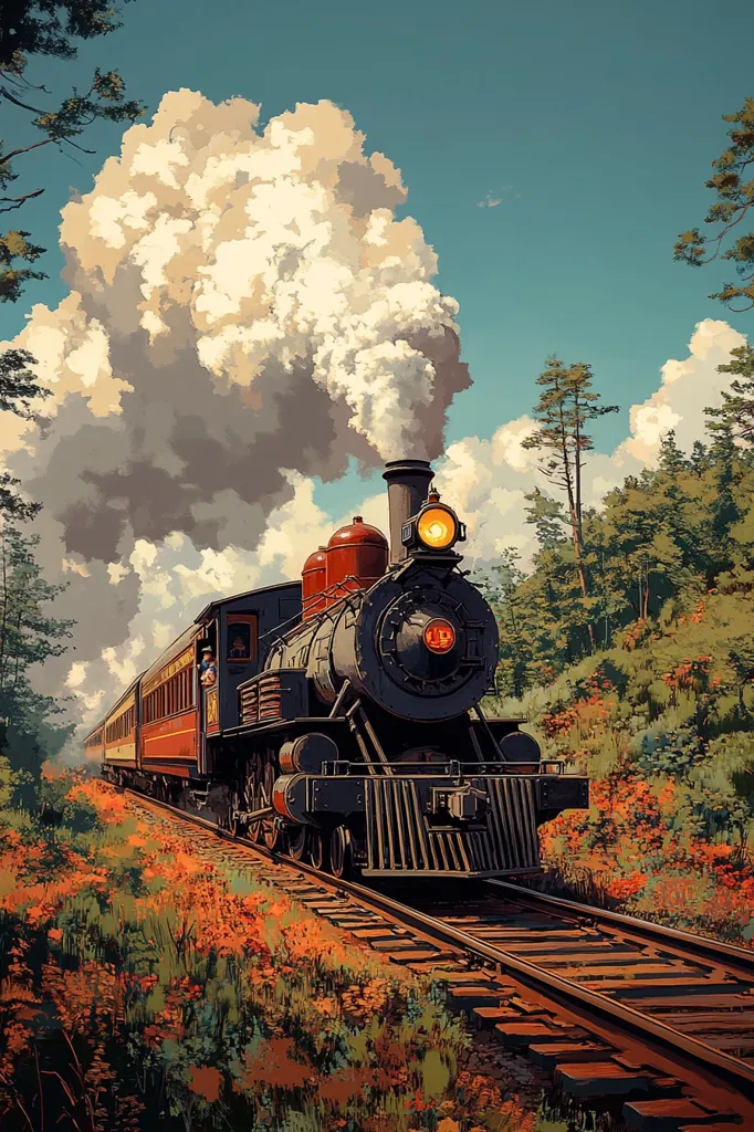 Here's a description of the image:

A vintage steam locomotive, billowing white smoke, travels along a railway track.  The train is dark-colored with red passenger cars, and its headlight glows brightly.  The setting appears rural, with lush green trees lining the tracks and a carpet of orange wildflowers blooming along the railway's edge.  The sky is a clear, sunny blue with fluffy white clouds. The overall style is reminiscent of classic travel posters or vintage illustrations, conveying a sense of adventure and nostalgia.