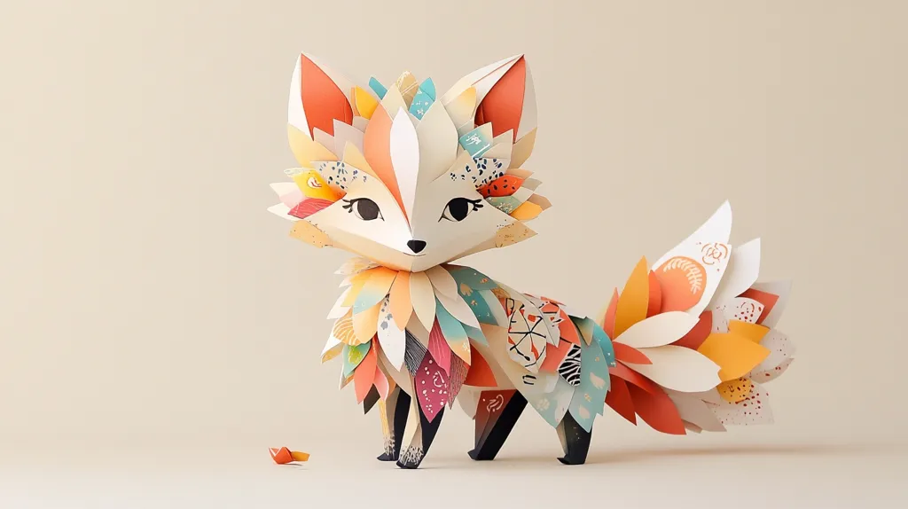 A meticulously crafted paper fox stands against a neutral background.  Its body is composed of numerous layered pieces of paper in a vibrant array of colors and patterns, creating a textured, almost floral effect.  The fox has large, expressive eyes and a bushy tail made of similarly patterned paper petals.  A small, orange paper element lies near its paws. The artwork is highly detailed and displays exceptional skill in paper art.