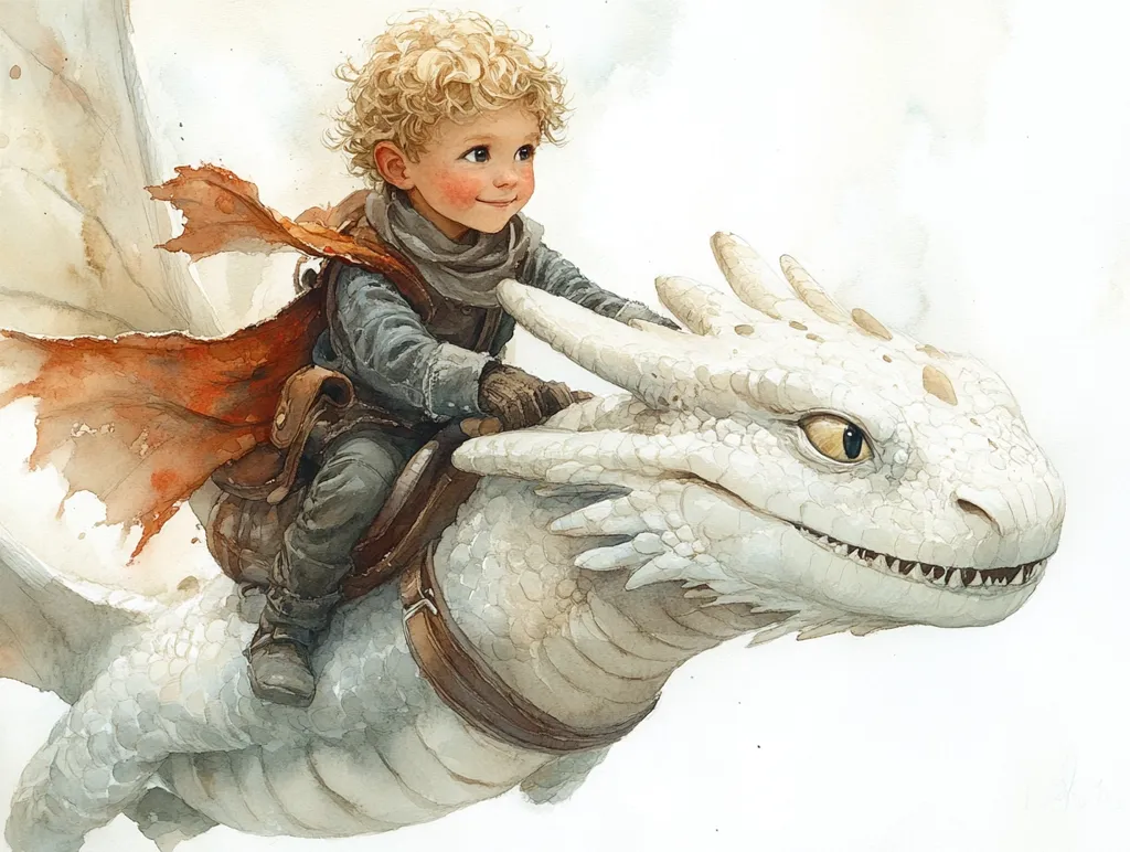 A watercolor painting depicts a young boy with blond, curly hair riding a large, white dragon. The boy, wearing a dark gray tunic, brown pants, and a reddish-brown cape, sits confidently in a saddle secured to the dragon's back.  The dragon, with pale skin and gentle eyes, appears friendly and docile. The light, airy style of the painting suggests a whimsical, fantastical scene. The overall impression is one of gentle adventure and companionship.