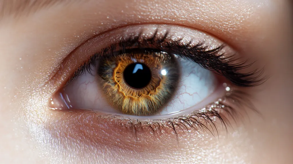 Here's a description of the image:

The close-up shot centers on a captivating human eye, showcasing intricate details. The iris displays a mesmerizing blend of amber and gold hues, radiating outward from a dark pupil.  The eye is framed by long, dark lashes and delicate skin with a subtle, shimmering quality, possibly from makeup or lighting. The whites of the eye appear clear and healthy. The overall impression is one of beauty and detail, highlighting the complexity of the human eye.