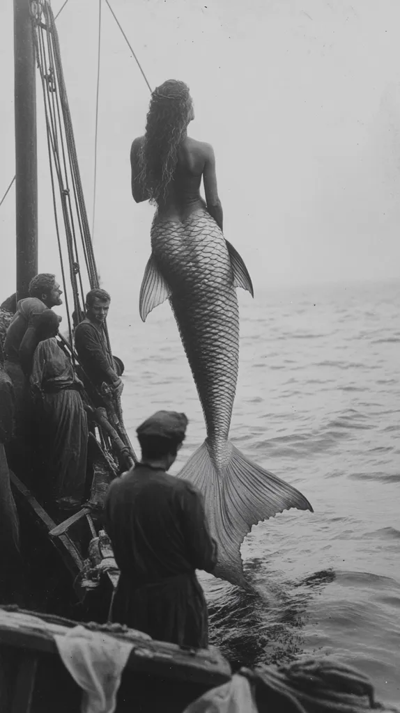 A black and white photograph depicts a mermaid, her tail resembling a large fish, hauled onto a boat by a group of men.  The mermaid's upper body is visible, her long hair cascading down her back as she sits facing away from the camera. The men, dressed in period clothing, appear awestruck. The image has a timeless, almost mythical quality, with the rough sea forming a dramatic backdrop.  The overall tone is one of mystery and wonder.
