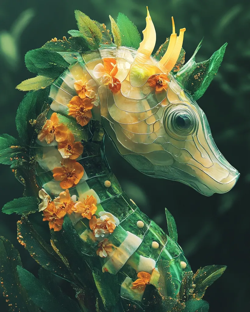 A digital artwork depicts a seahorse-like creature crafted from translucent, segmented material.  It's adorned with vibrant orange and white flowers nestled amongst lush green leaves that appear to grow organically from its body.  The creature's design is intricate, suggesting a delicate balance between nature and artifice. The background is a muted green, emphasizing the seahorse's vibrant details and highlighting the overall ethereal quality of the piece.
