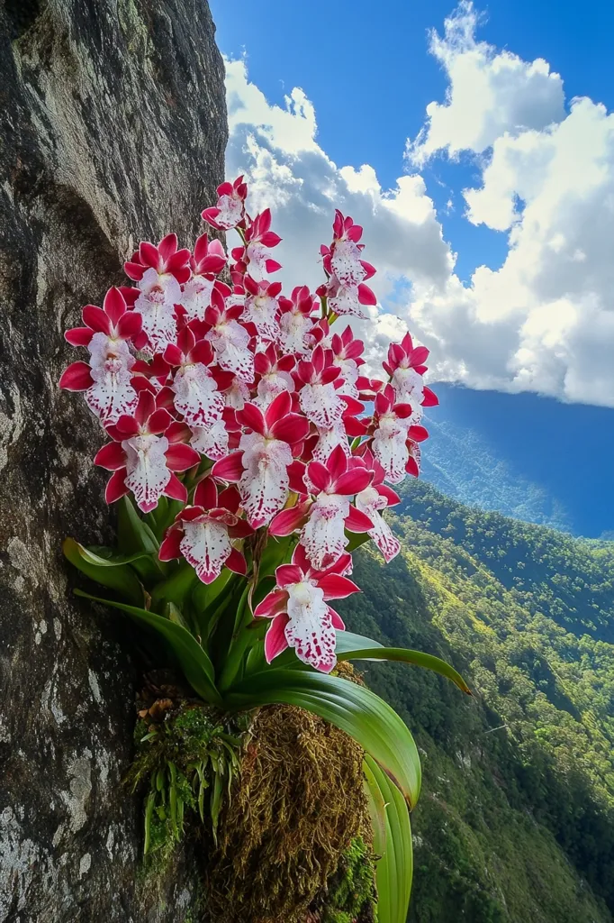 A vibrant cluster of red and white orchids blossoms from a mossy crevice in a rocky cliff face.  The orchids, numerous and densely packed, contrast sharply against the dark gray stone.  The backdrop is a breathtaking vista of rolling green hills and a partly cloudy blue sky, suggesting a high-altitude, mountainous location. The scene evokes a feeling of wild beauty and tranquility.