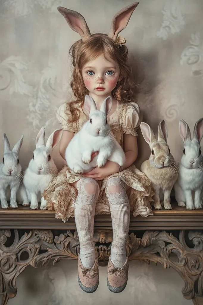 A young girl with blonde, curly hair wears bunny ears and a light beige dress.  She sits on an ornate wooden surface, cradling a white rabbit.  Three other white rabbits and two tan rabbits are seated beside her. The setting is softly lit and features a muted, vintage aesthetic. The overall image evokes a sense of gentleness and whimsical charm.