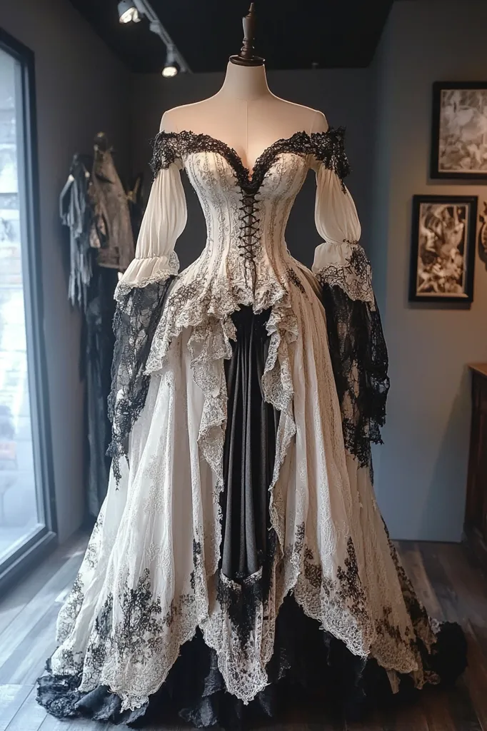 A stunning off-the-shoulder gown, displayed on a mannequin, commands attention.  The bodice is a cream-colored corset, intricately laced with black detailing, and flows into a layered skirt.  Black lace accents the off-the-shoulder sleeves and cascades down the skirt's edges, creating a dramatic contrast against the ivory fabric. The overall style is romantic yet gothic, suggesting a Victorian or dark romantic aesthetic.  The dress is presented in a dimly lit, elegant setting.