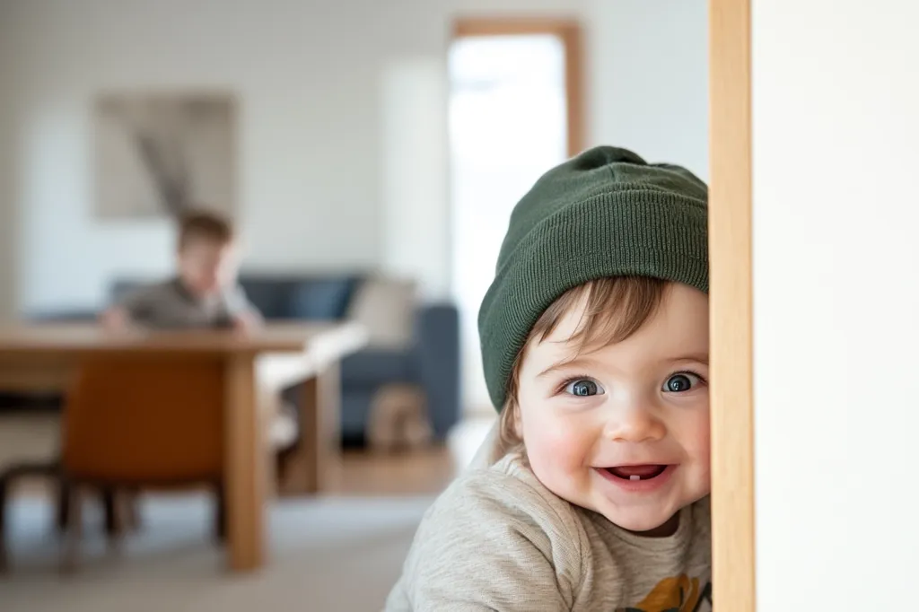 A cheerful toddler, wearing a dark green beanie, peeks from behind a door frame.  Their bright eyes and wide smile are captivating.  The background is softly blurred, showing a light-filled living area with another child seated at a table, suggesting a home environment. The overall mood is playful and heartwarming.