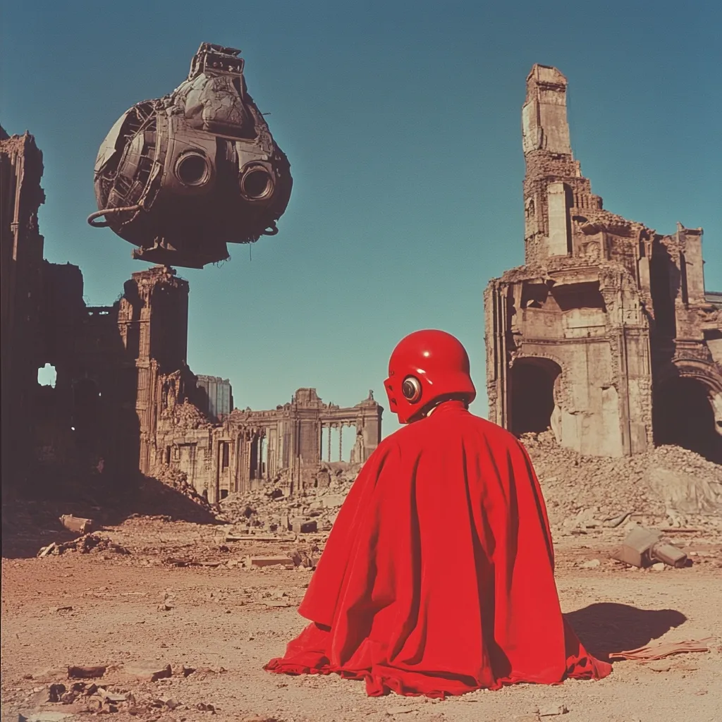 Here is a description of the image:

The photograph depicts a post-apocalyptic scene. A lone figure, clad in a vibrant red cloak and helmet, sits amidst the ruins of what appears to be a grand classical building. The rubble stretches across the foreground, creating a desolate landscape under a clear blue sky.  A large, dark, metallic spacecraft hovers in the background, adding a sci-fi element to the scene. The overall mood is one of somber isolation and potential alien contact in a world ravaged by destruction.