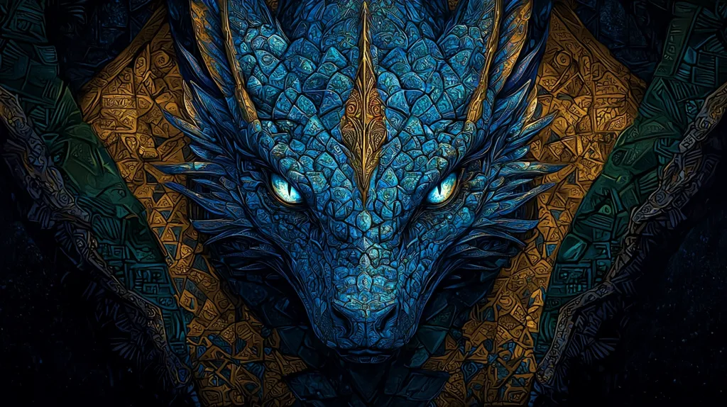 The image is a close-up of a dragon's head, rendered in a stylized, almost mosaic-like manner.  The dragon is predominantly blue, with scales intricately detailed.  Gold accents highlight its features, including a prominent crest.  The background features a complex, patterned design in shades of gold, teal, and dark blue, giving a sense of depth and texture.  The dragon's bright blue eyes fix the viewer with an intense gaze.  The overall style is fantastical and artistic, blending realism with a textured, almost ancient aesthetic.