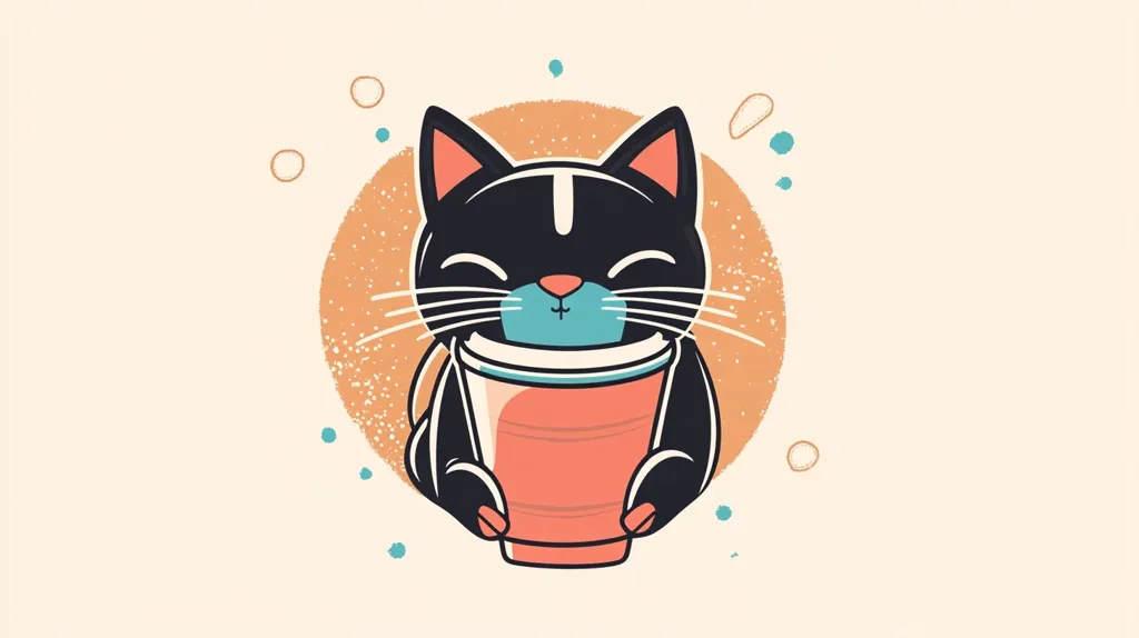 Here's a description of the image:

The illustration features a cute, cartoonish black cat with peach-colored inner ears.  It's depicted holding a large, coral-colored disposable cup, seemingly enjoying a beverage. The cat has a happy expression with closed eyes and a small, upturned mouth.  The cat is centrally positioned against a muted orange, textured circular background, accented with small teal and beige splatters around it. The overall style is minimalistic and playful, suggesting a theme of warmth and coziness.
