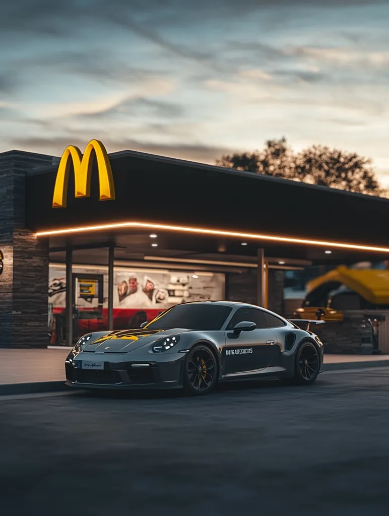 A sleek, dark gray Porsche 911 GT3 RS is parked in front of a modern McDonald's restaurant at dusk.  The golden arches are prominently displayed on the building. The car's reflective surface shows the soft light of the setting sun and the interior of the fast-food restaurant. The scene is a juxtaposition of luxury and everyday life, suggesting a moment of quiet contemplation or a brief stop during a drive.  The overall aesthetic is clean and sophisticated.