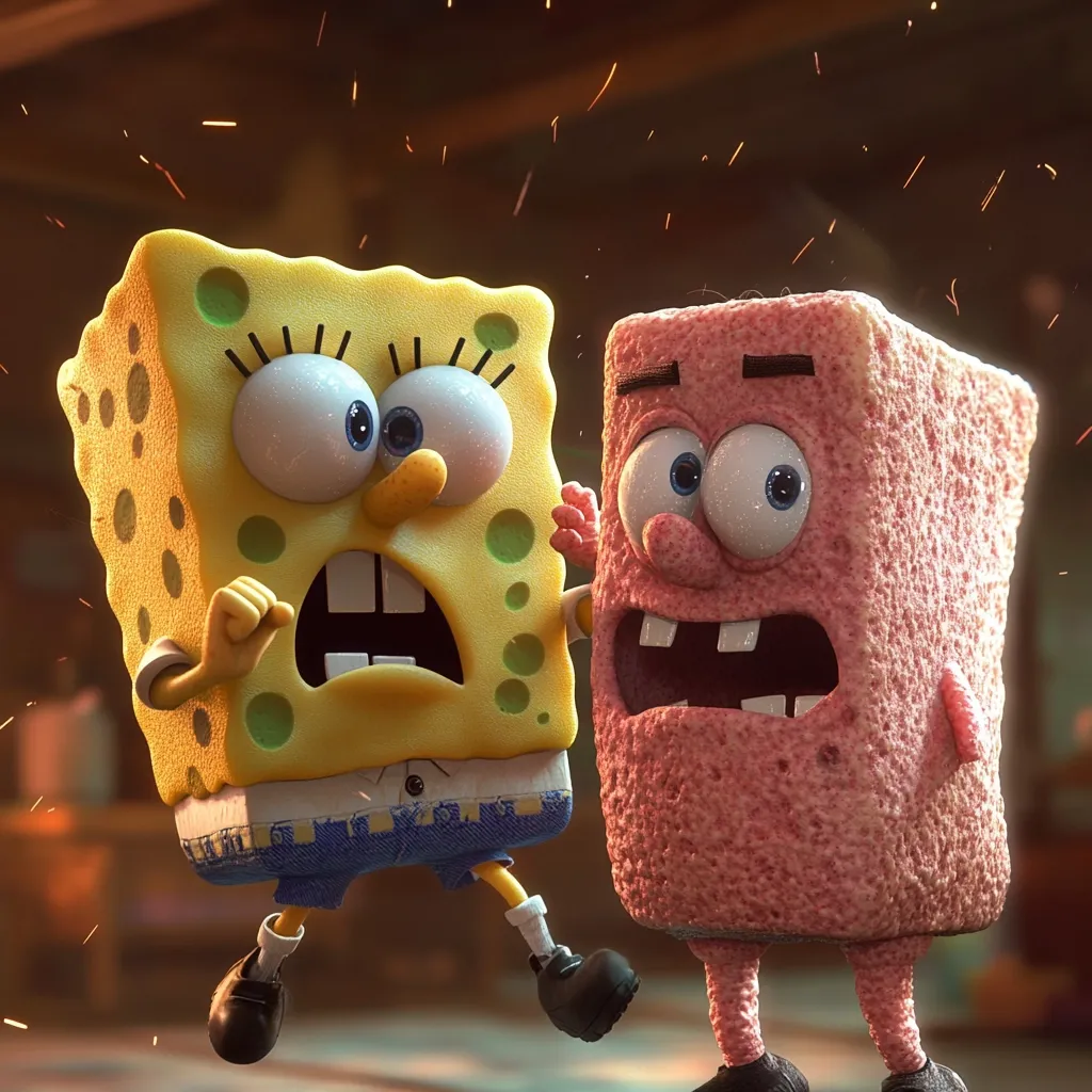 A 3D-rendered image depicts a startled SpongeBob SquarePants, rendered in a textured, almost porous style, with exaggerated features and wide eyes. He's being approached by a similarly styled Patrick Star, who looks equally surprised, perhaps even mischievous. Both characters are in dynamic poses, their expressions conveying a sense of urgency or playful chaos.  Sparks of light are scattered in the background, suggesting movement or a chaotic environment. The overall aesthetic is cartoonish yet detailed, capturing the essence of the characters while giving them a unique, almost unsettlingly realistic texture.
