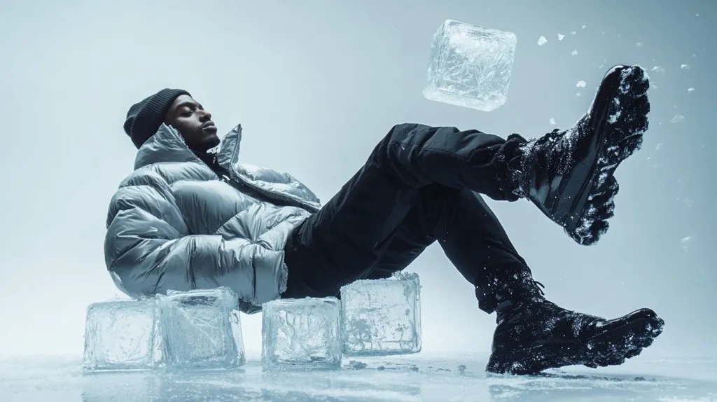 A young Black man, wearing a silver puffer jacket, black pants, and black winter boots, lounges amidst several large ice cubes on a frosted surface.  He's wearing a black beanie and his eyes are closed, suggesting relaxation or contemplation. A large ice cube hangs suspended in the air above him, adding to the cold, wintry atmosphere. The overall image is stylish and evocative of winter chill.