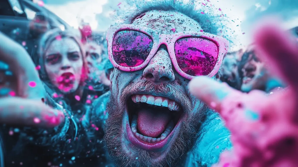 Here's a description of the image:

The close-up shot captures a man at a vibrant, colorful festival, his face and beard coated in a mix of teal and pink powder. He wears bright pink sunglasses and his mouth is wide open in a joyful expression, his tongue slightly visible. The background is blurred but shows a sea of people similarly covered in colored powder, suggesting a lively and energetic atmosphere. Pink and teal confetti is scattered in the air, adding to the festive chaos. The overall mood is one of exhilaration and fun.