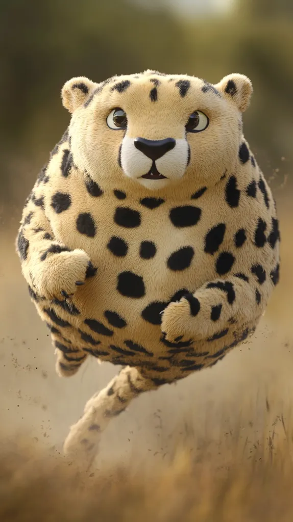 A digitally rendered image depicts a stylized cheetah cub, appearing round and plush.  Its large, expressive eyes and chubby physique give it an endearing, cartoonish look. The cheetah's characteristic spots are clearly visible against its light tan fur. It seems to be mid-leap, with a cloud of dust suggesting motion, set against a blurred background of tan grasses. The overall style is soft and cute, appealing to a younger audience.