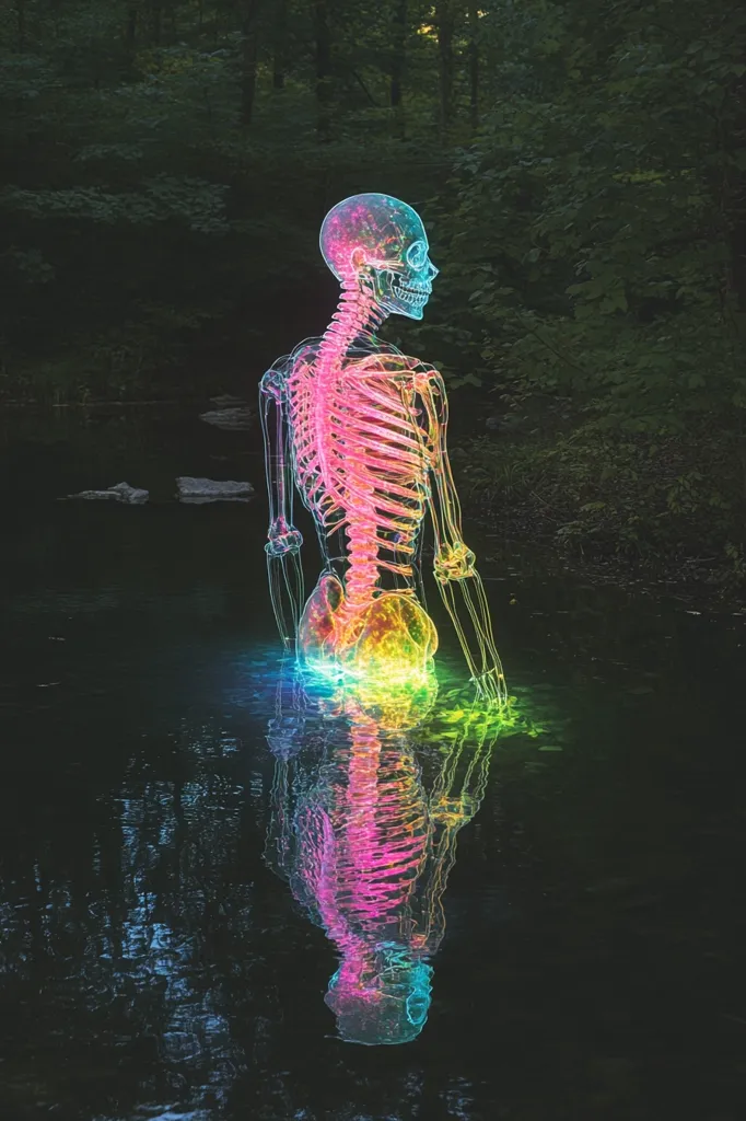 A vibrant, ethereal image depicts a translucent, skeletal figure standing in a dark, still body of water.  The skeleton, rendered in iridescent pinks, greens, and yellows, glows softly. Its reflection mirrors it perfectly in the water, creating a surreal, almost otherworldly scene. The background is a shadowy, dense forest, further enhancing the mystical ambiance. The overall effect is one of serene contemplation and the juxtaposition of life and death.