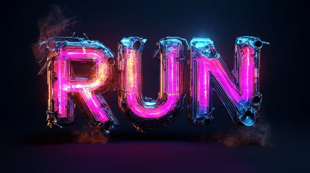 The image showcases the word "RUN" rendered in a striking, futuristic style.  Each letter is constructed from a metallic, almost mechanical, framework, with vibrant pink and orange neon lighting emanating from within.  The letters appear fragmented and slightly distressed, with smoke or vapor effects at the base, enhancing a sense of energy and motion. The overall aesthetic is cyberpunk-inspired, with a dark, moody background contrasting the bright, glowing letters.