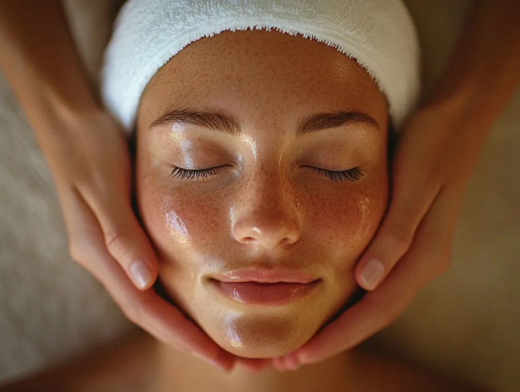 Close-up view of a woman receiving a facial massage.  Her eyes are closed, and her face is gently cradled in the hands of a therapist.  A white headband holds her hair back.  Her skin appears smooth and slightly oily, indicating the application of a facial product. The overall impression is one of serenity and relaxation within a spa-like setting.